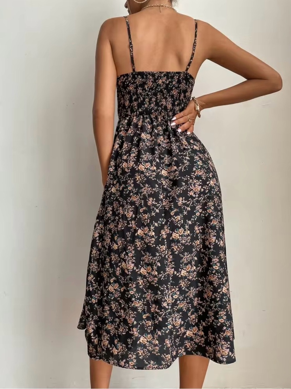 SHEIN Black Floral Midi Dress with Blush Accents - Picture 2 of 5